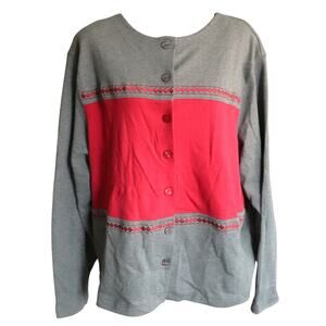 Bechamel Gray Red Cardigan Button Down Womens Plus 1X Cotton Embroidered Preppy